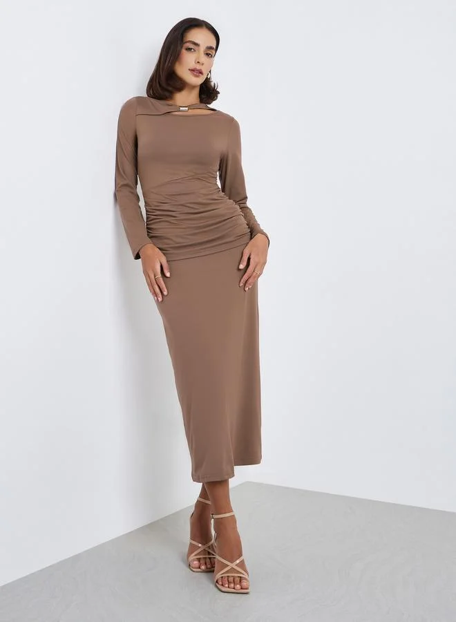 Styli Women Brown Pleated Bodycon Midi Dress